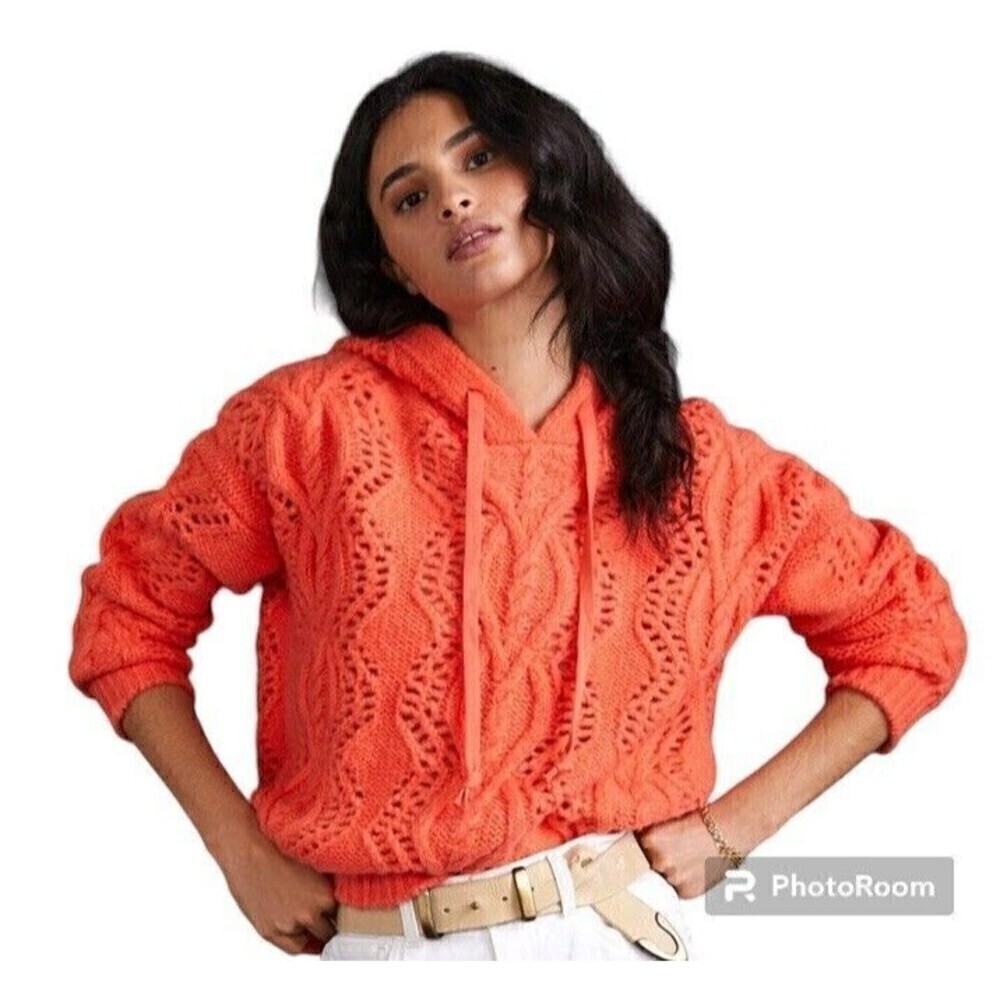 Womens Pilcro Cable Chunky Knit‎ Hoodie Coral XL Anthropologie
